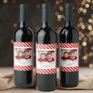 "Red Stripe met foto Vrolijk Kerstfeest en naam Wijn Etiket