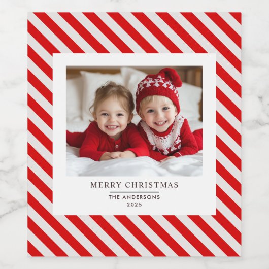 "Red Stripe met foto Vrolijk Kerstfeest en naam Wijn Etiket (Enkel label)