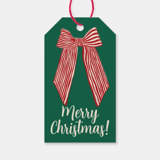 Red Striped Bow Custom Merry Christmas Cadeaulabel (Voorkant)