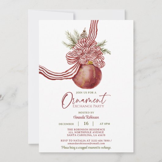 Red Striped Bow Ornament Kerstfeest Kaart (Voorkant)