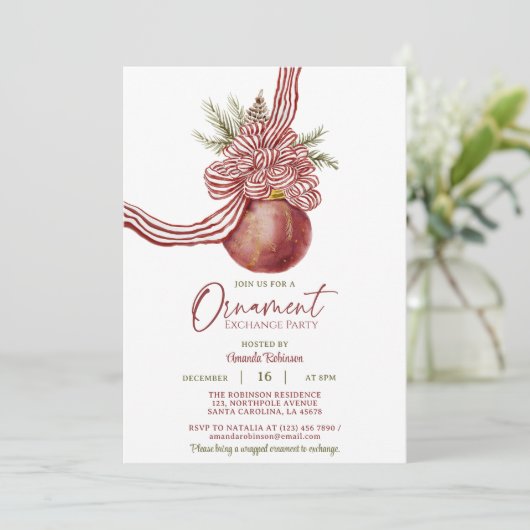 Red Striped Bow Ornament Kerstfeest Kaart (Staand voorkant)