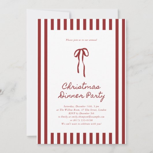 Red Striped Christmas Dinner Party Invitation Kaart (Voorkant)
