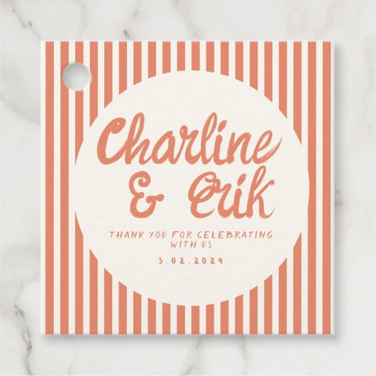 Red Striped Handwriting Retro Wedding Dank je Bedankjes Labels (Voorkant)