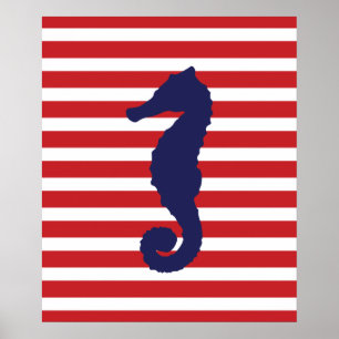Red Striped Nautical Seahorse Poster