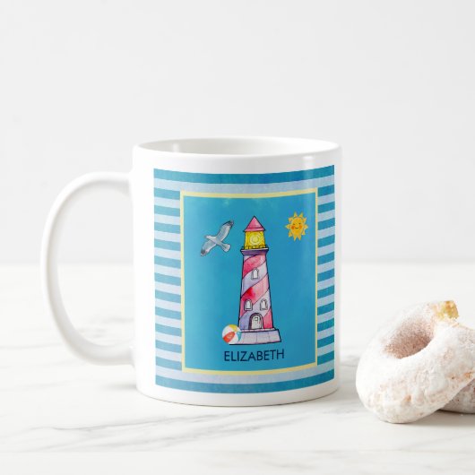 Red Striped Waterverf Lighthouse Custom Koffiemok (Met donut)