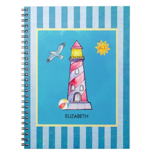 Red Striped Waterverf Lighthouse Custom Notitieboek (Voorkant)