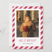 Red Stripes All Is Bright Christmas Foto Feestdagenkaart (Voorkant)