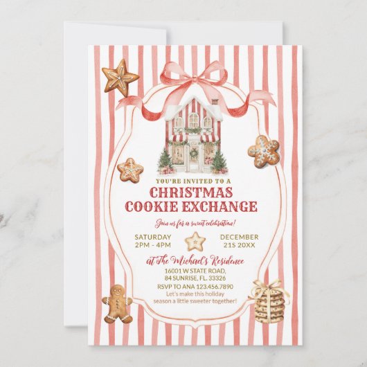 Red Stripes Bow Gingerbread House Cookies Exchange Kaart (Voorkant)
