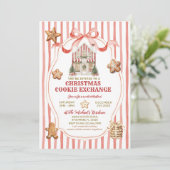 Red Stripes Bow Gingerbread House Cookies Exchange Kaart (Staand voorkant)