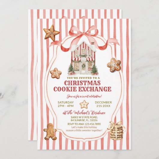 Red Stripes Bow Gingerbread House Cookies Exchange Kaart (Voorkant / Achterkant)