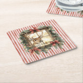 Red Stripes Bows Christmas Deer in Window Kartonnen Onderzetters (Schuin)
