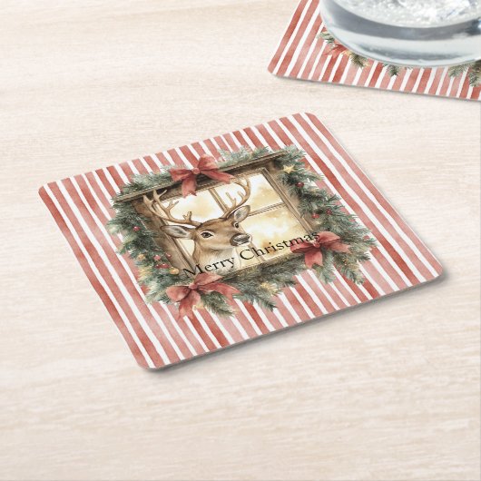 Red Stripes Bows Christmas Deer in Window Kartonnen Onderzetters (Schuin)