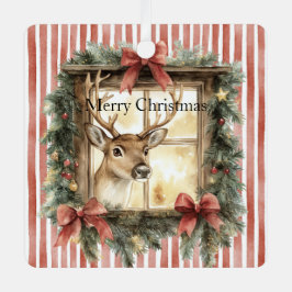 Red Stripes Bows Christmas Deer in Window Metalen Ornament