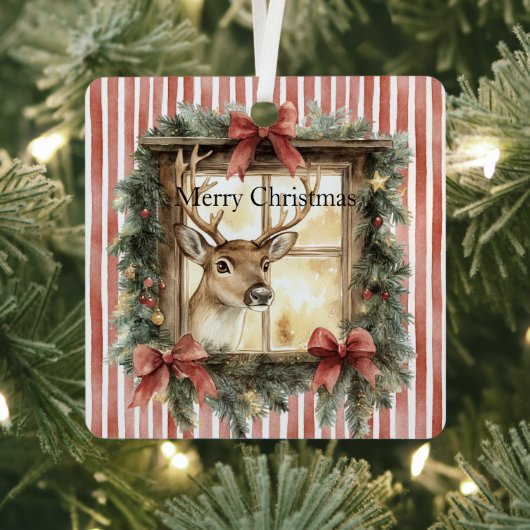 Red Stripes Bows Christmas Deer in Window Metalen Ornament (Insitu)