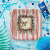 Red Stripes Bows Christmas Deer in Window Papieren Bordje (Feest)