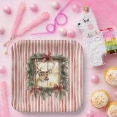 Red Stripes Bows Christmas Deer in Window Papieren Bordje (Feest)