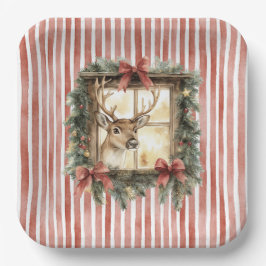 Red Stripes Bows Christmas Deer in Window Papieren Bordje