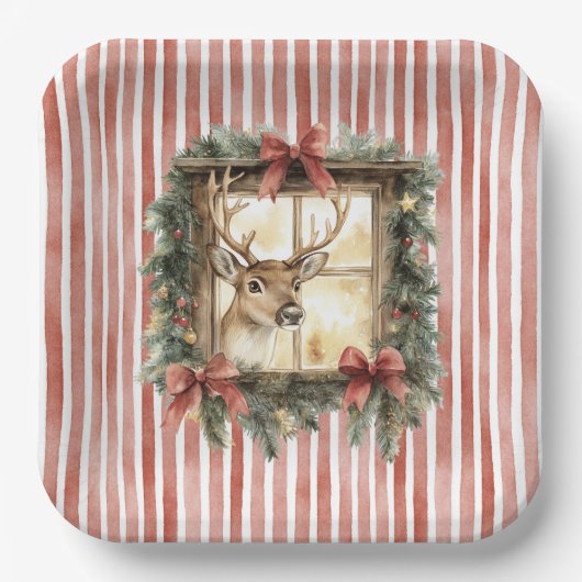 Red Stripes Bows Christmas Deer in Window Papieren Bordje (Voorkant)