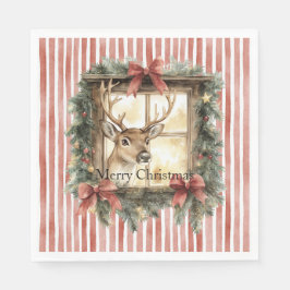 Red Stripes Bows Christmas Deer in Window Servet