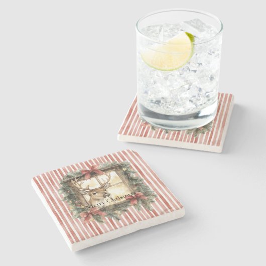 Red Stripes Bows Christmas Deer in Window Stenen Onderzetter (Zijkant)