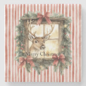 Red Stripes Bows Christmas Deer in Window Stenen Onderzetter (Voorkant)