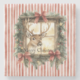 Red Stripes Bows Christmas Deer in Window Stenen Onderzetter