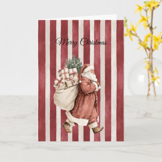 Red Stripes Christmas Santa Bag of Gifts Kaart (Gele Bloem)