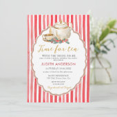 Red Stripes Christmas Tea Party Bridal Shower  Kaart (Staand voorkant)