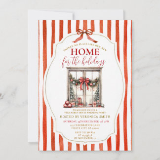 Red Stripes Christmas Window Cozy Holiday Party Kaart