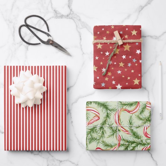 Red Stripes Green Ribbons Gold Stars Christmas Inpakpapier Vel (Voorkant)