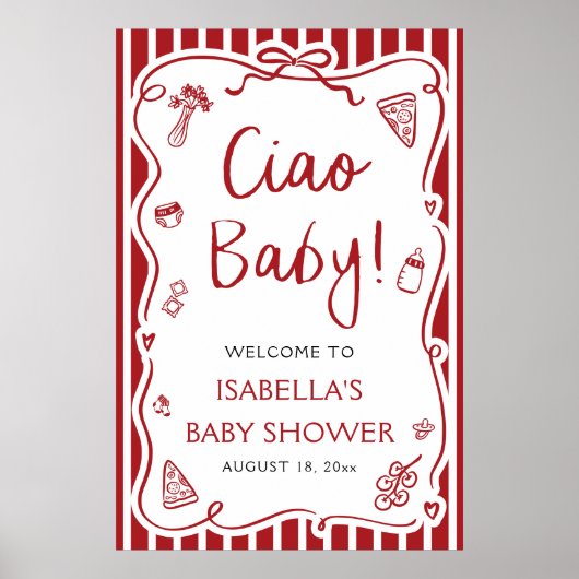 Red Stripes Italiaans Ciao Baby Baby shower Welkom Poster (Voorkant)