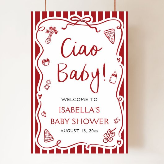 Red Stripes Italiaans Ciao Baby Baby shower Welkom Poster