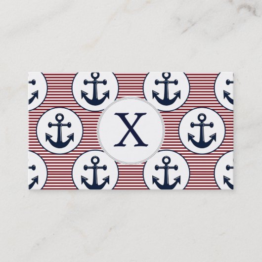 Red Stripes Navy Blue Anchor Nautical Pattern Visitekaartje (Voorkant)