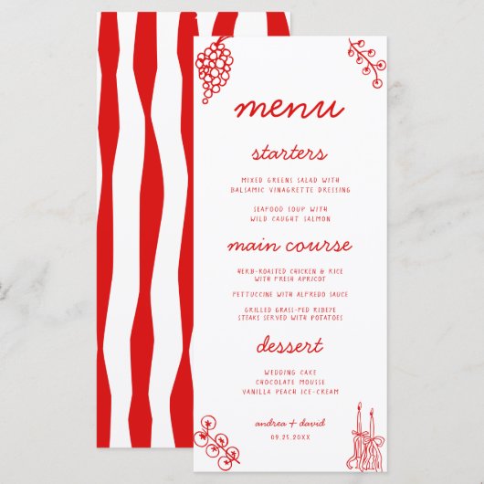Red Stripes Retro Hand Drawn Italian Wedding Menu (Voorkant / Achterkant)