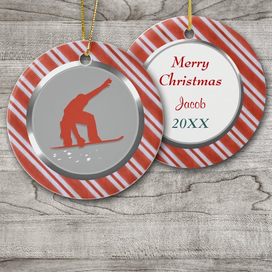 Red Stripes Snowboarder Persoonlijke Kerstmis Keramisch Ornament