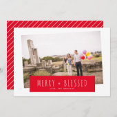 Red Stripy Block Merry & Blessed Photo Feestdagenkaart (Voorkant / Achterkant)