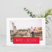 Red Stripy Block Merry & Blessed Photo Feestdagenkaart (Staand voorkant)