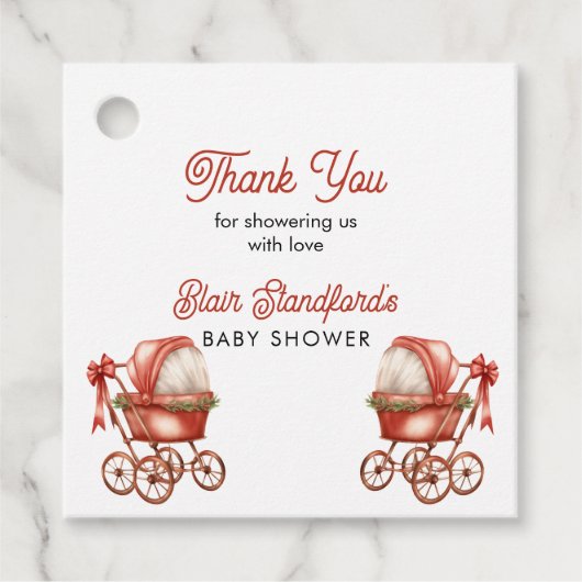 Red Stroller Christmas Baby shower Dank u Bedankjes Labels (Voorkant)