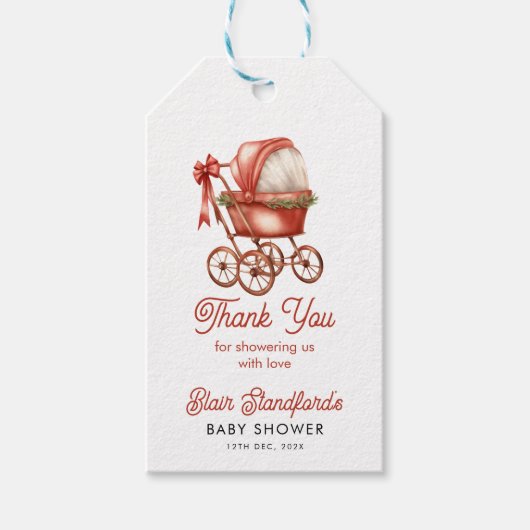 Red Stroller Christmas Baby shower Dank u Cadeaulabel (Voorkant)