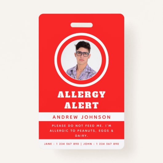 Red Student Foto Food Allergy Alert Emergency Badge (Voorkant)