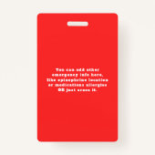 Red Student Foto Food Allergy Alert Emergency Badge (Achterkant)