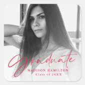 Red Stylish Script Photo Afstuderen Vierkante Sticker (Voorkant)
