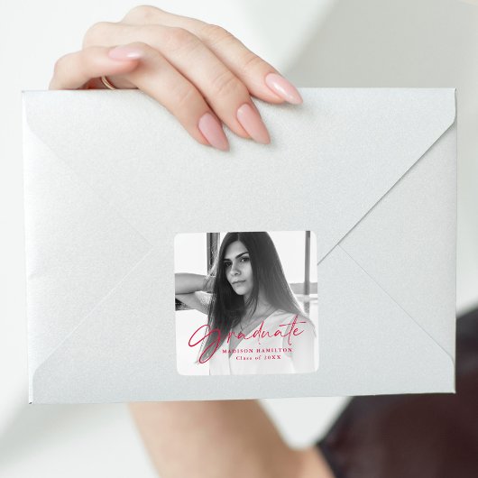 Red Stylish Script Photo Afstuderen Vierkante Sticker