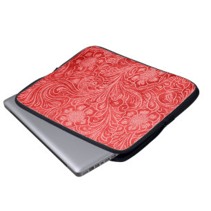 Red Suede Leather Kijk in reliëfbloemen Laptop Sleeve