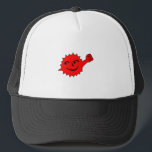 Red Sun Cheer Mascot Trucker Pet<br><div class="desc">Vivid red sun mascot with a raised fist on black. Bold cartoon style,  playful and energetic,  perfect for youth apparel,  sportswear,  and event branding that stands out.</div>