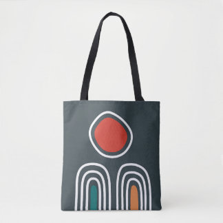 Red sun over oho rainbows, abstract line art tote bag