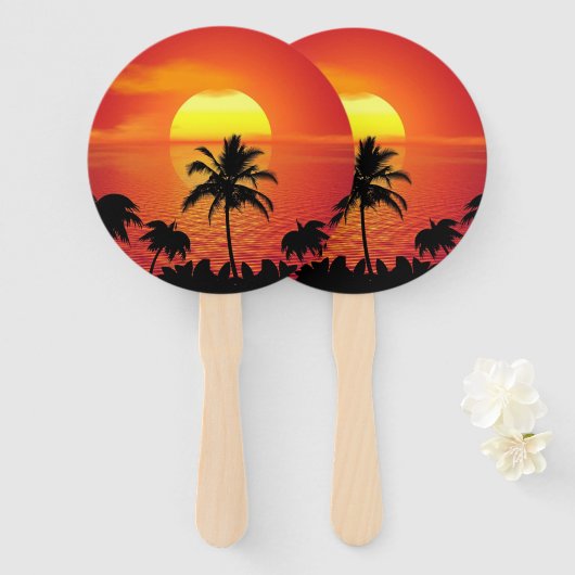 Red Sun Tropical Palm Beach Handwaaier (Voorkant en achterkant)