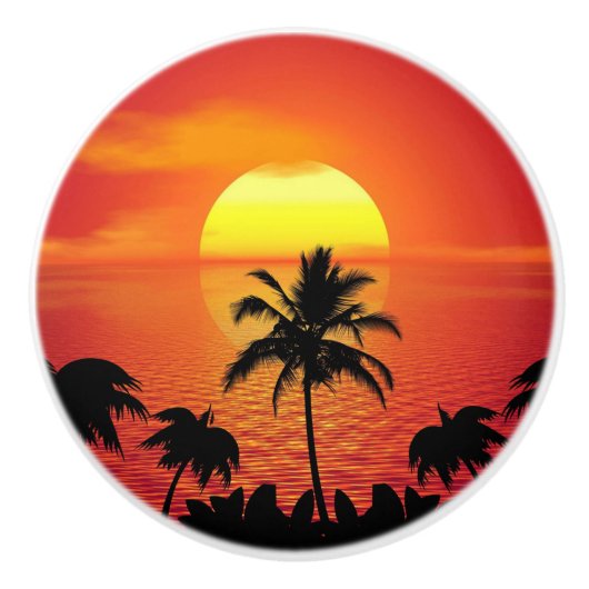 Red Sun Tropical Palm Beach Keramische Knop (Voorkant)