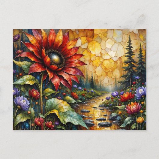 Red Sunflower in valley by stream Briefkaart (Voorkant)