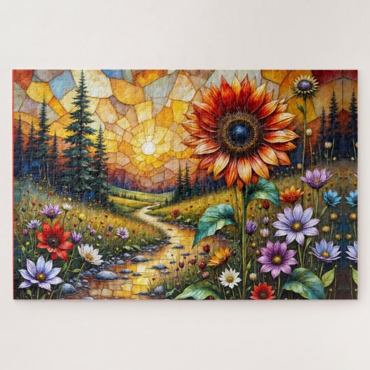 Red Sunflower in valley by stream Legpuzzel (Horizontaal)
